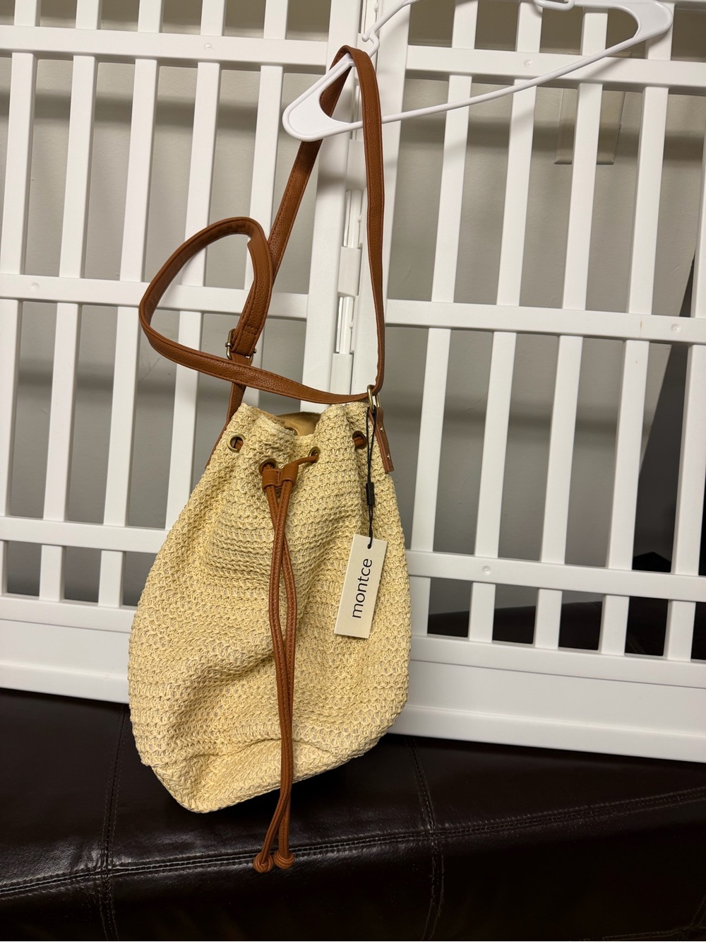 Montce Cream Woven Drawstring Bucket Bag with Brown Leather Trim